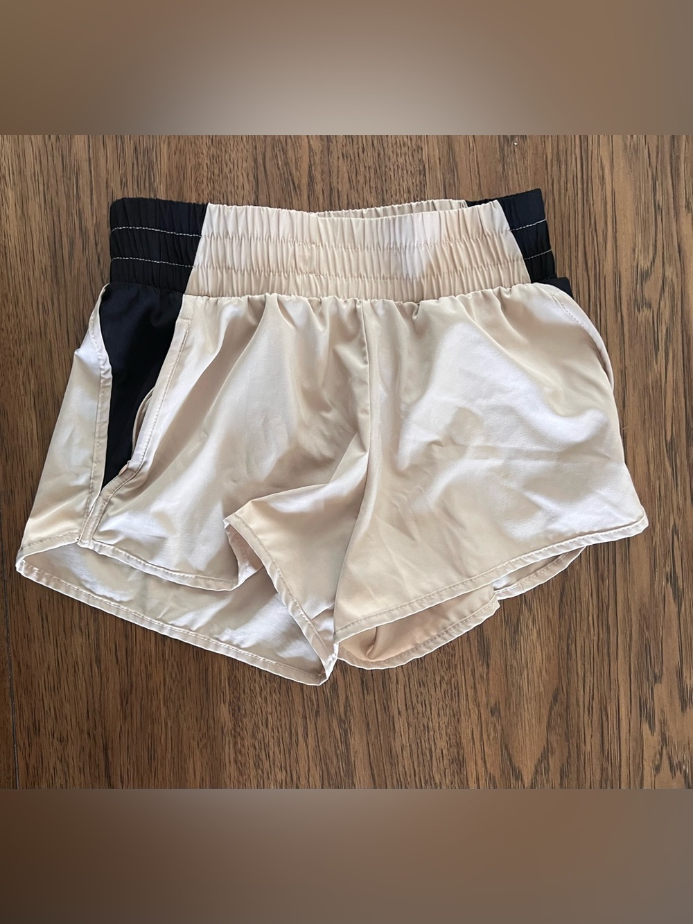 Light Beige Women's Athletic Shorts with Black Waistband
